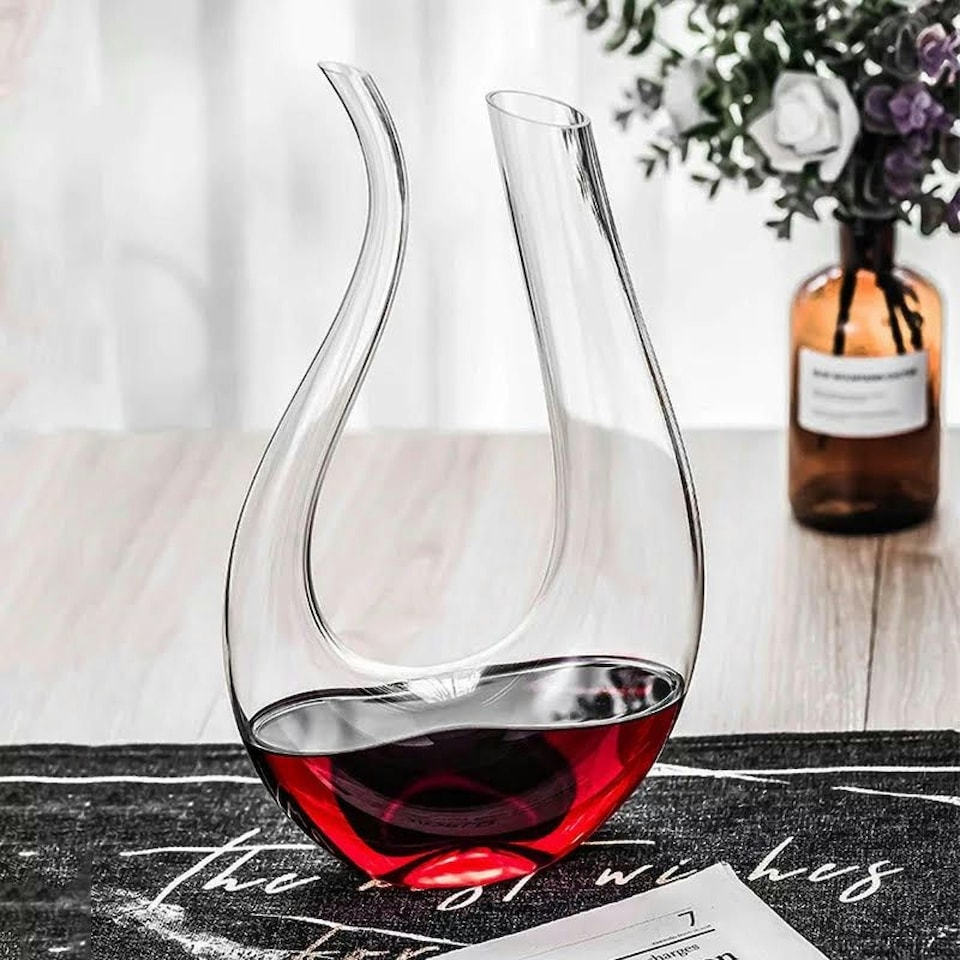 image 1 of Wine Decanter U-Shape Blown Glass Aerating Red Wine Carafe Pourer Dispenser 1.5L