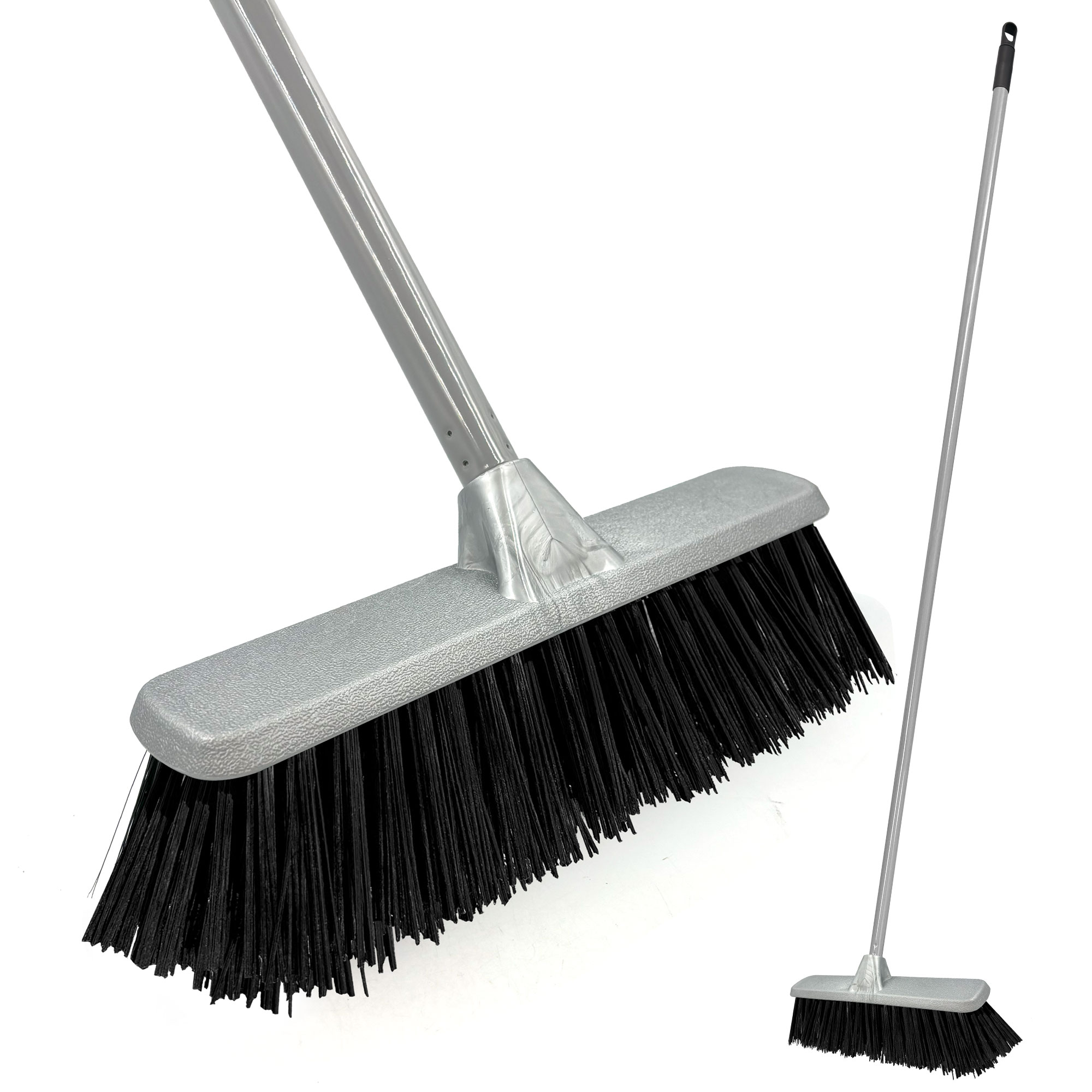 Stiff Bristle Indoor Broom Silver Sweeping Brush for Tiles, Wood & Carpet Metal Handle Kitchen Floor Sweeper