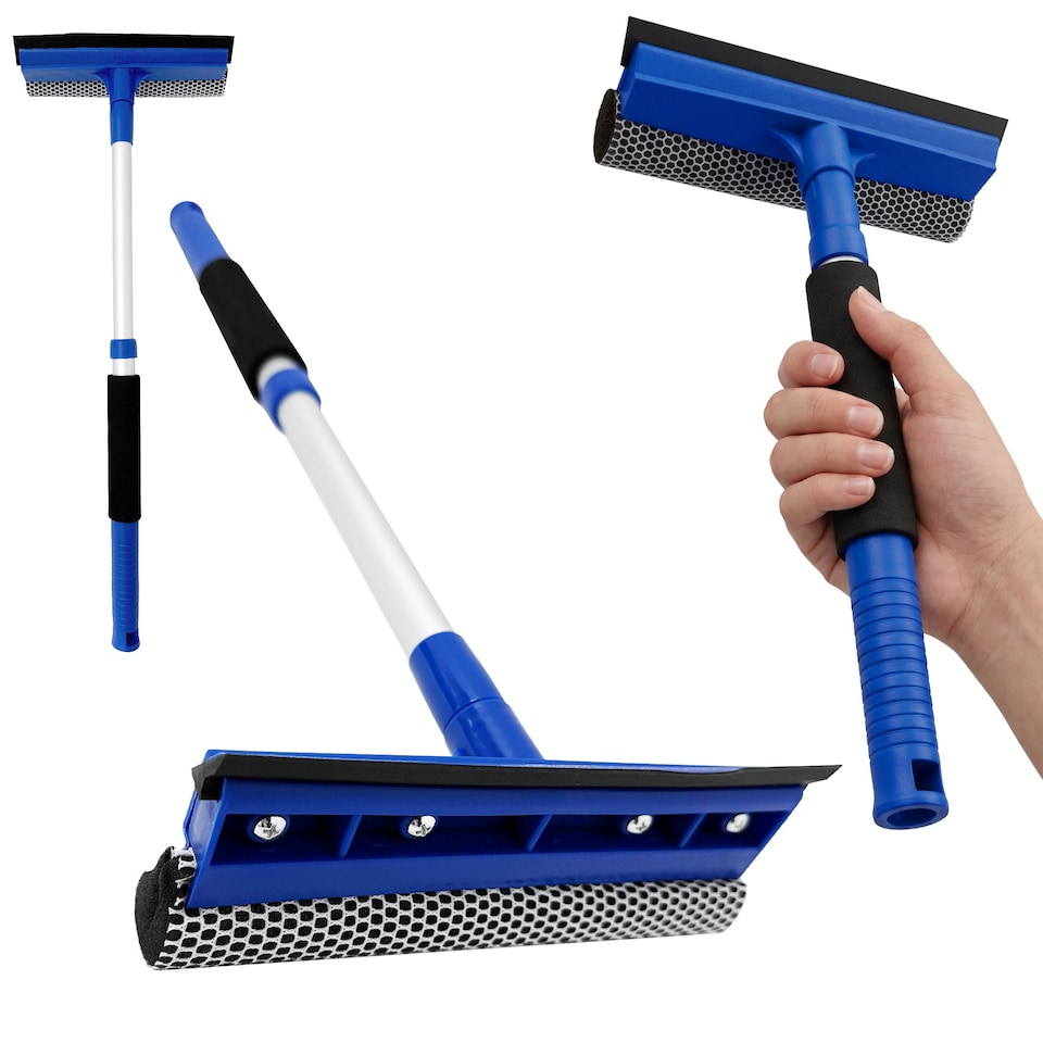 image 1 of Telescopic 2-in-1 Window Squeegee Extendable Glass Cleaner with Sponge Scrubber