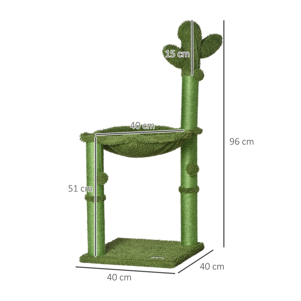 image 1 of PawHut Cactus Cat Tree Tower with Sisal Scratch Post Hammock, 96cm, Green