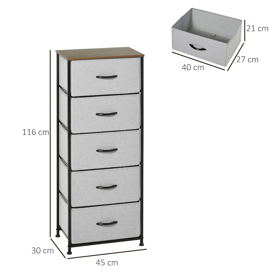 image 1 of HOMCOM 5 Drawer Fabric Chest of Drawers w/ Wooden Top