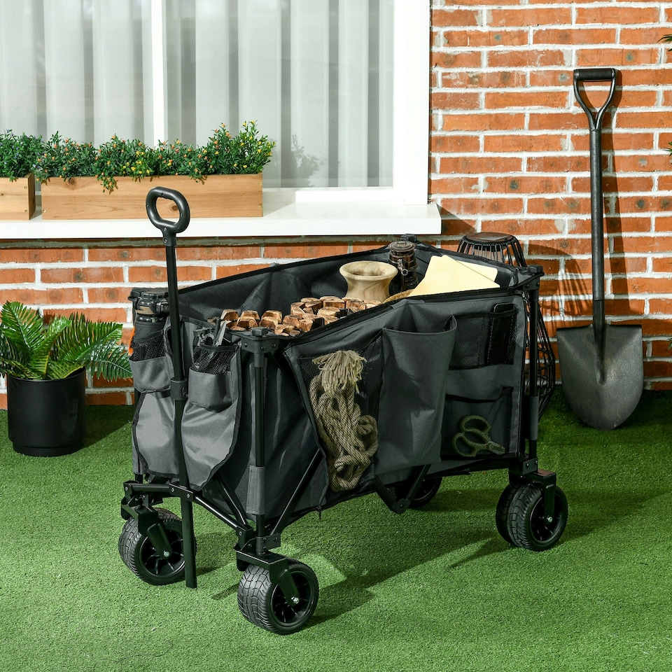 image 1 of Outsunny Folding Wagon Garten Cart Collapsible Camping Trolley on Wheels, Grey