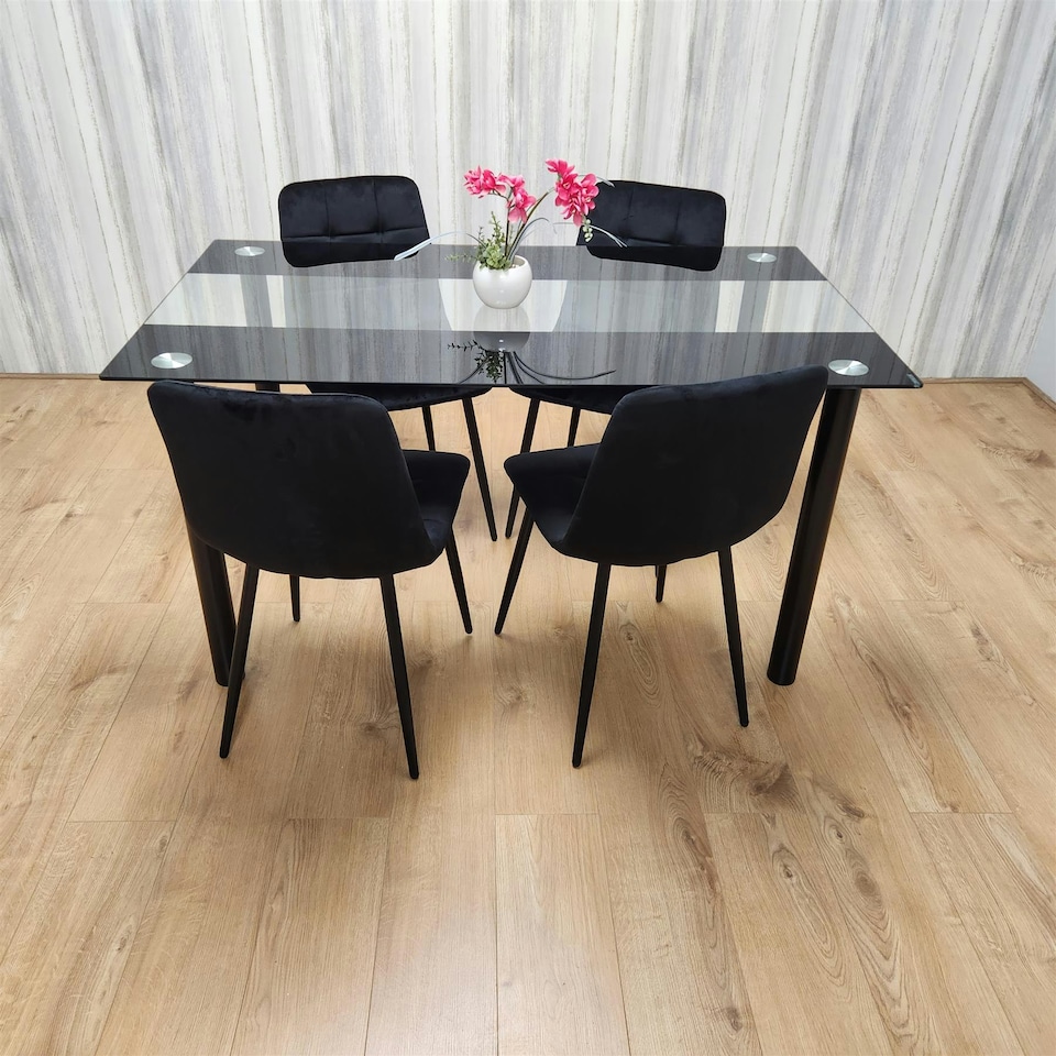 image 1 of Black Glass Dining Table Set With 4 Black Chairs For Dining Room And Kitchen Furniture | Black | One Size | 5