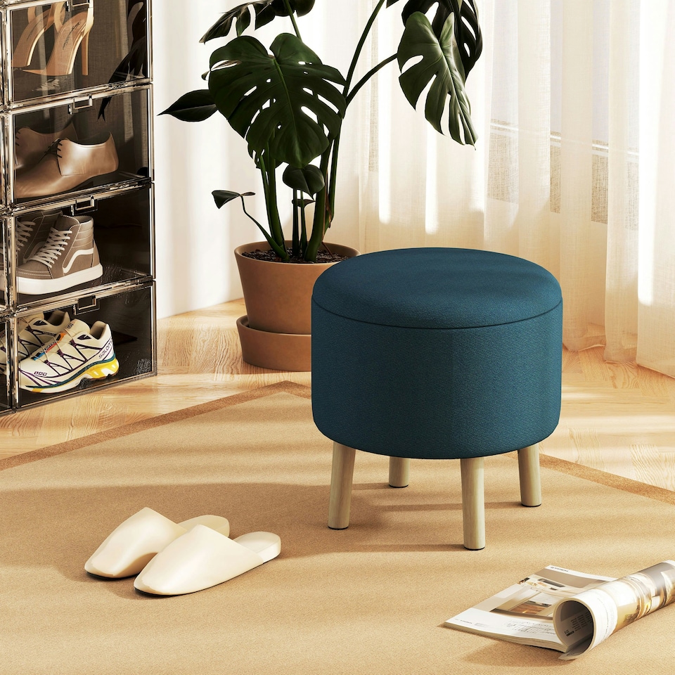 image 1 of HOMCOM Storage Ottoman, Round Stool Chair with Cushioned Top, Blue