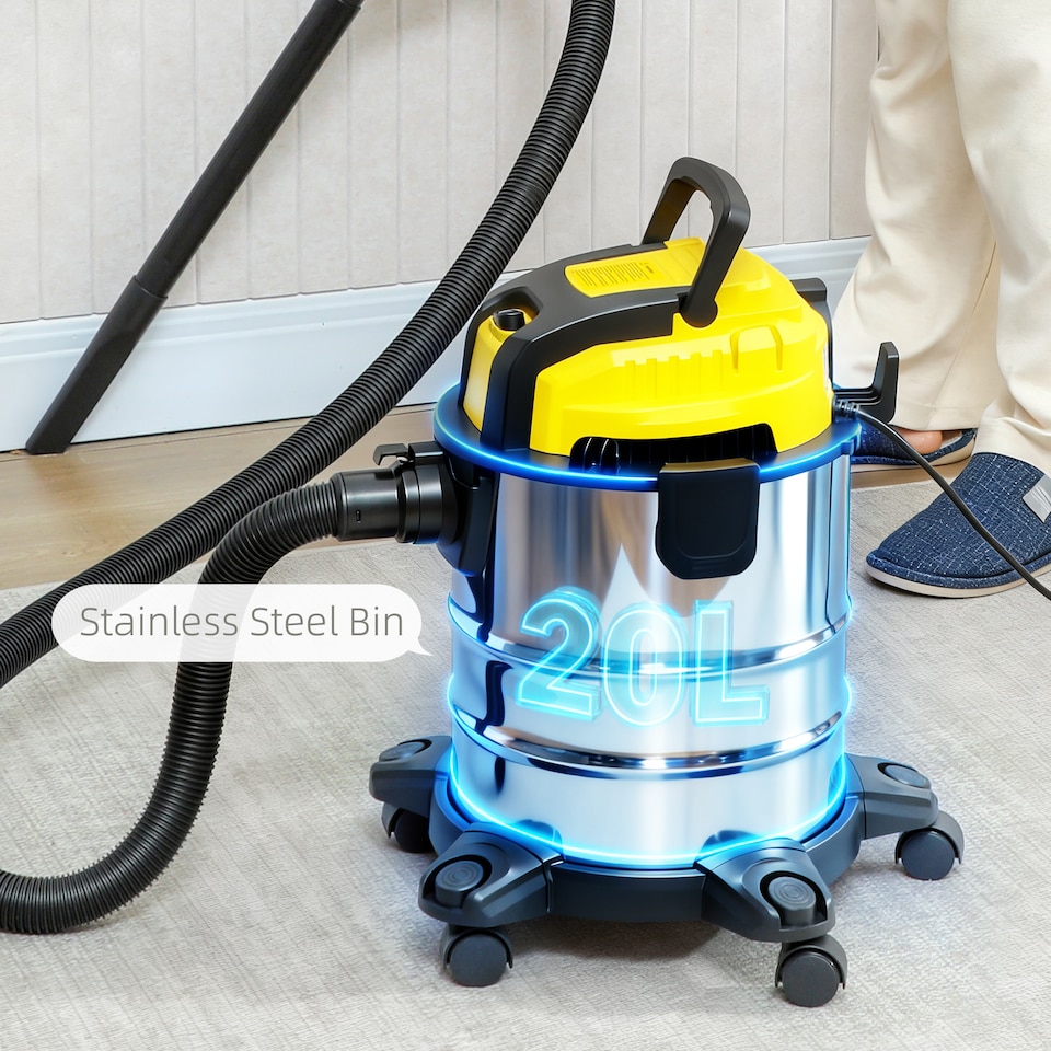 image 1 of HOMCOM 3-in-1 Wet and Dry Vacuum Cleaner, 1200W Wet & Dry Vacuum Cleaner with Blowing Mode, 20L Stainless Steel Tank, Triple Filters, Crevice Nozzle for Workshop, Home, Carpet, Car Cleaning, Yellow