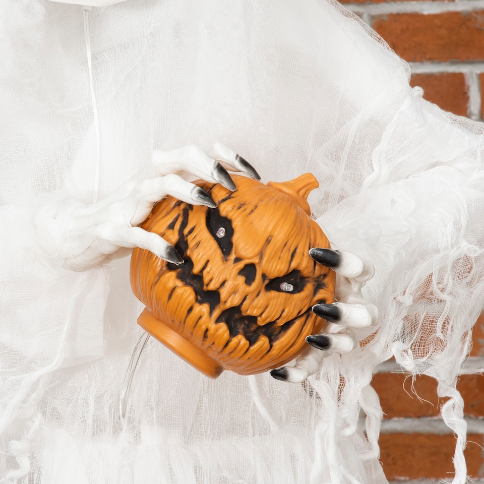 image 1 of Outsunny 74 Inch Halloween Decorations White Witch Holding Pumpkin Head, Standing Skeleton Ghost Prop Life Size with Light Up Eyes and Body