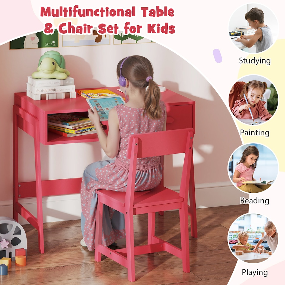 image 1 of COSTWAY Kids Desk and Chair Set with Drawer Pink