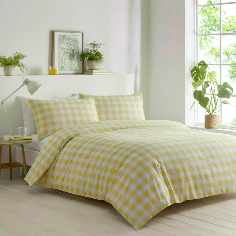 image 1 of Portfolio Home Gingham Check Bedding Duvet Cover Set With Pillow Cases Yellow | Double