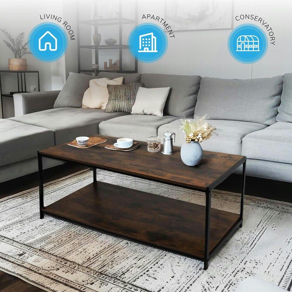 image 1 of Coffee Table Rustic Wooden Brown Grain Finish Living Room Storage Shelf 2 Tier Brown