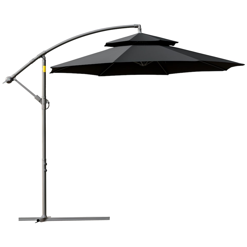 image 1 of Outsunny 2.7m Garden Banana Parasol Cantilever Umbrella with Crank Handle, Double Tier Canopy and Cross Base for Outdoor, Hanging Sun Shade, Black