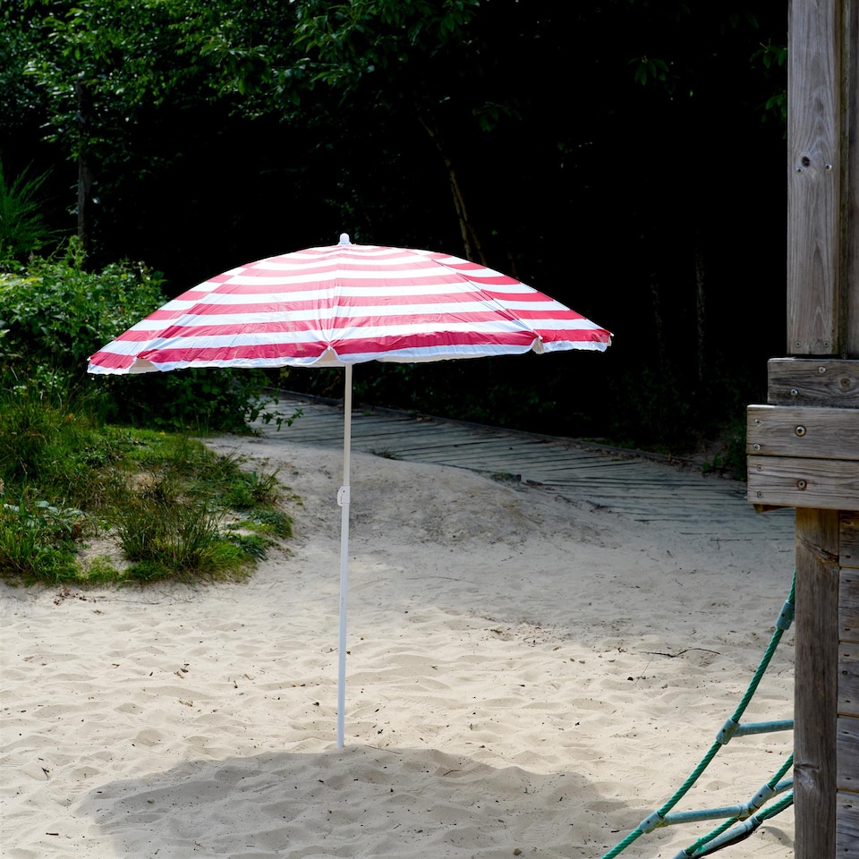 image 1 of The Magic Toy Shop Beach Parasol Red Striped Tilting Height Adjustable Portable Sun Shade