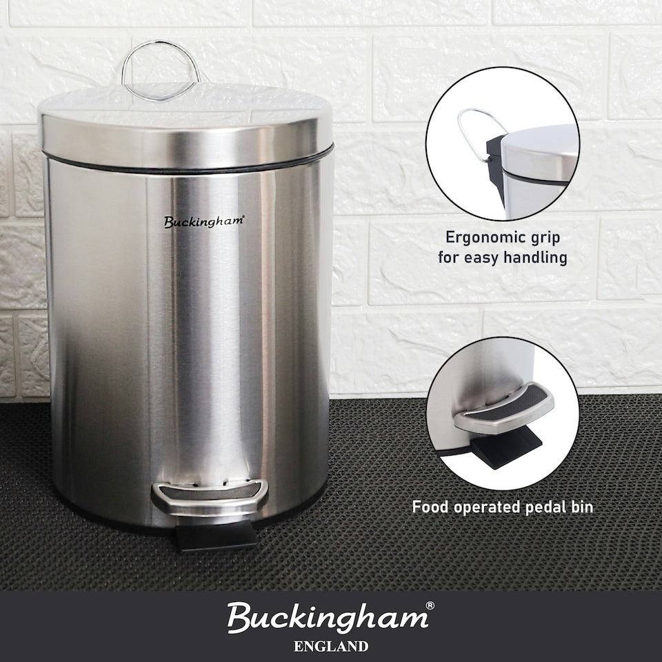 image 1 of Buckingham Stainless Steel Soft Closing Round Pedal Waste Bin 5 Litre , Brushed Finish