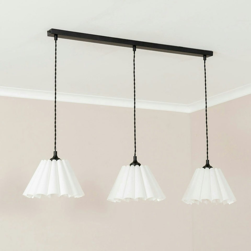 image 1 of ValueLights Lauren White Pleated Shade 3 Drop Bar Matte Black Diner Ceiling Pendant Light Black