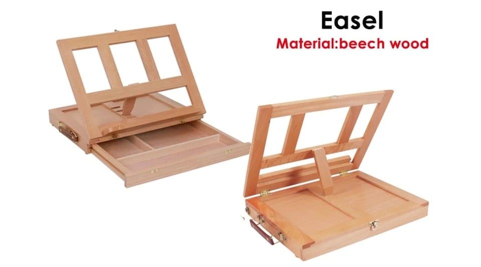 image 1 of Desktop Art Beech Wood Painting Stand Display Easel with Storage 34.5 x 26 x 6.5cm