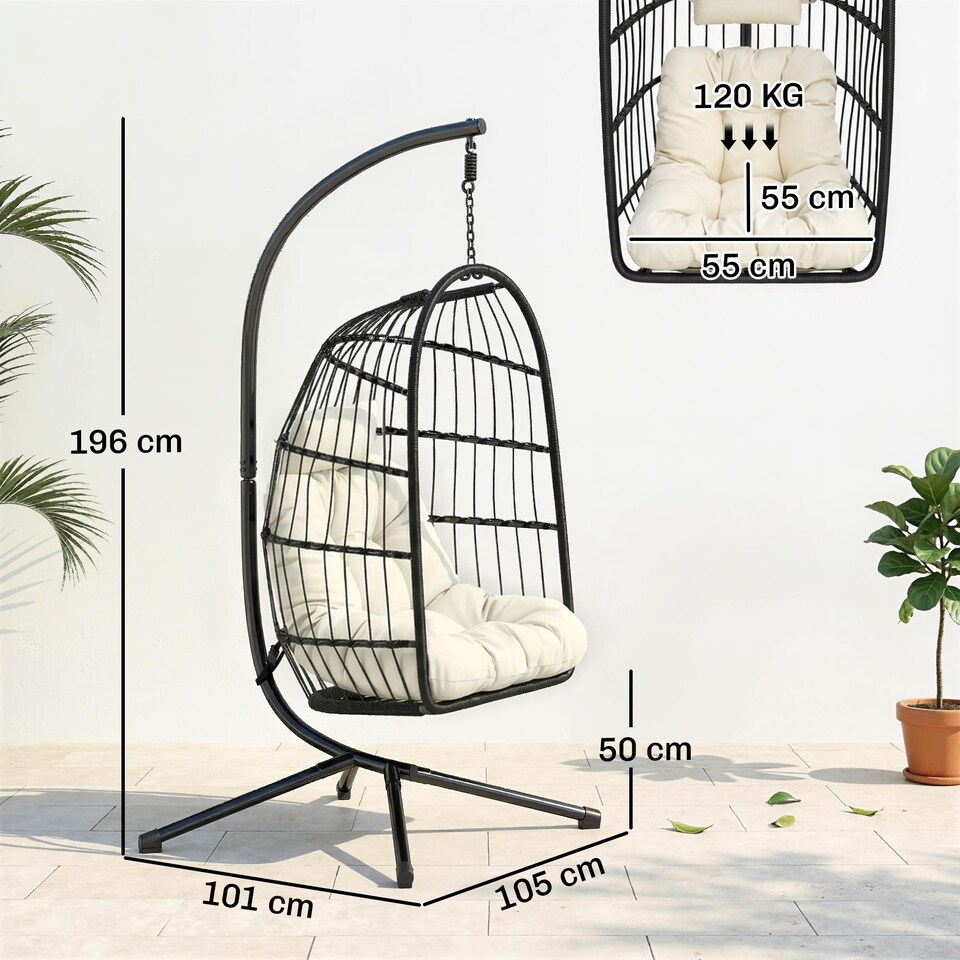 image 1 of Outsunny Hanging Egg Chair, Outdoor Swing Chair with Stand, Black/Cream | Black | Black/Cream White | One Size