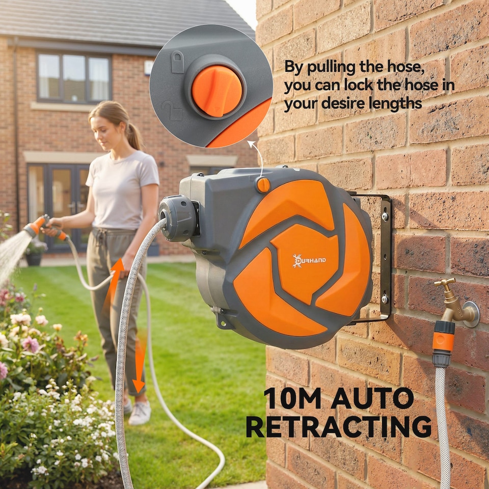 image 1 of DURHAND 10M Water Hose Reel Compact Garden Car Locking Auto Retract Spray