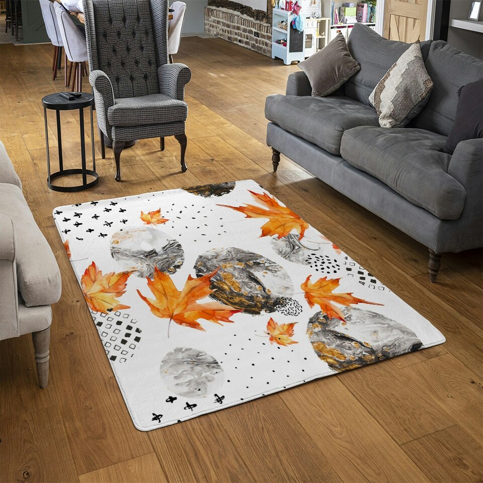 image 1 of Maple Leaves & Marbled Circles (Rug) Orange | Medium: 80x150cm