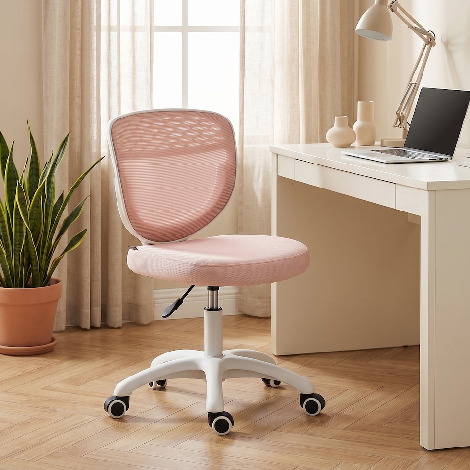image 1 of HOMCOM Armless Office Chair with Mesh Back, Pink