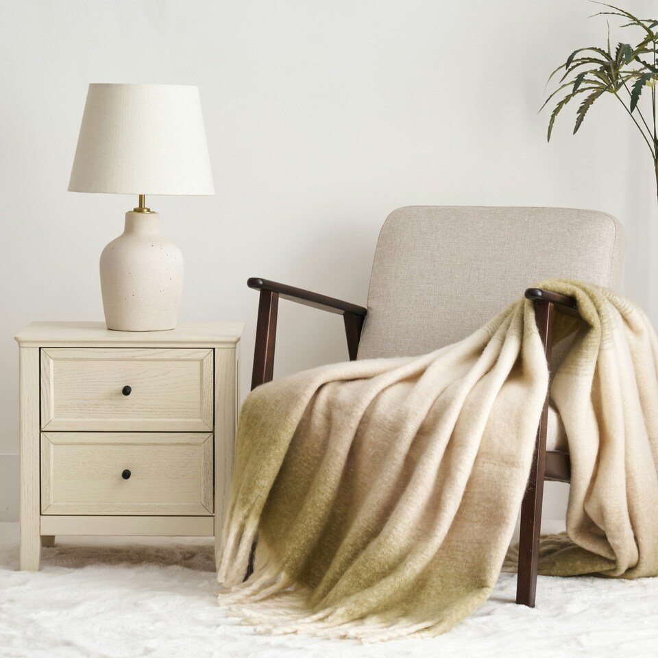 image 1 of Ombre Faux Mohair Throw - Soft, Stylish, Fringed Blanket Green