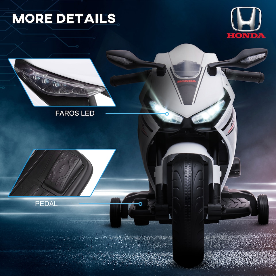 image 1 of HOMCOM Honda Licensed 6V Kids Electric Motorbike Ride On Motorcycle Vehicle with Headlights, Music, Training Wheels, for Ages 3-5 Years White