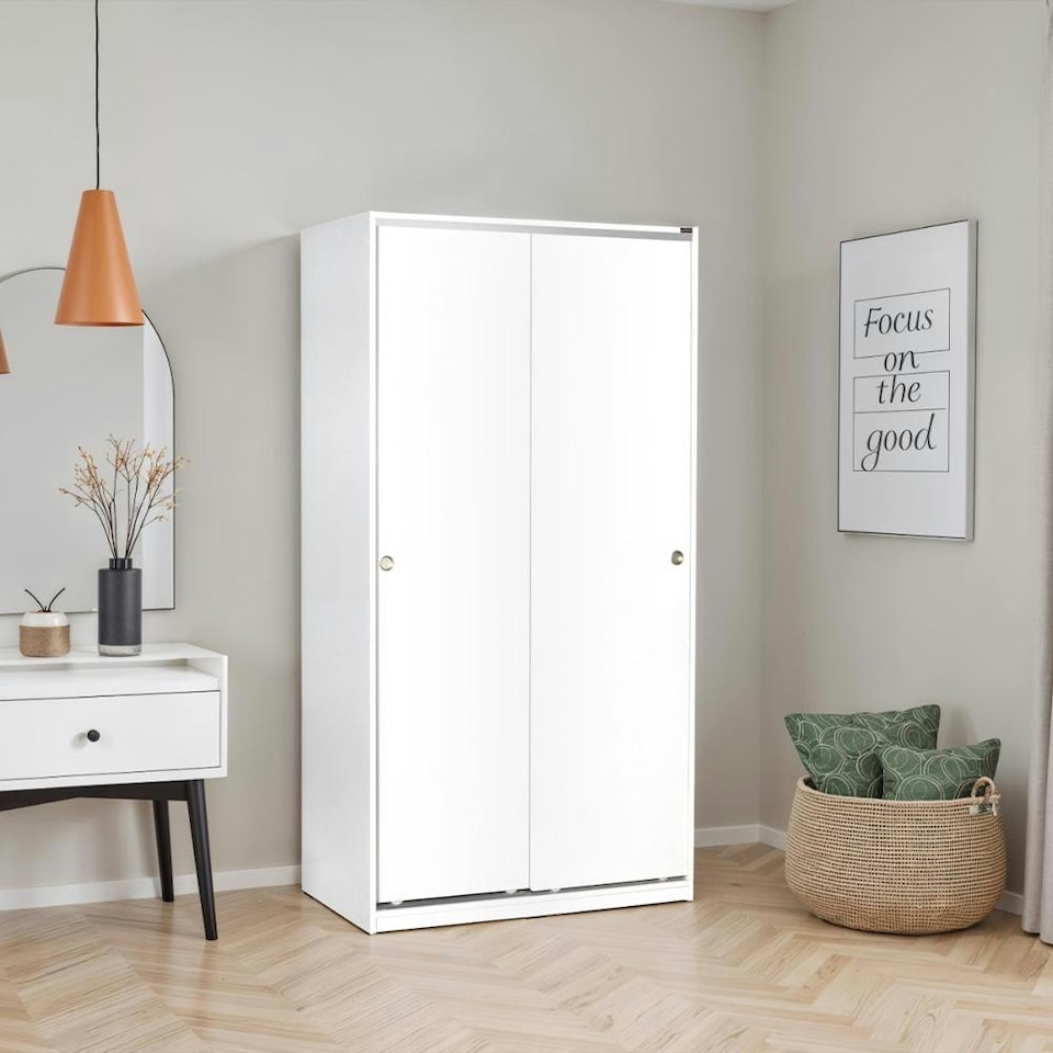 image 1 of Adore Matt White Sliding 2 Door Wardrobe Half Hanging Half Shelves White