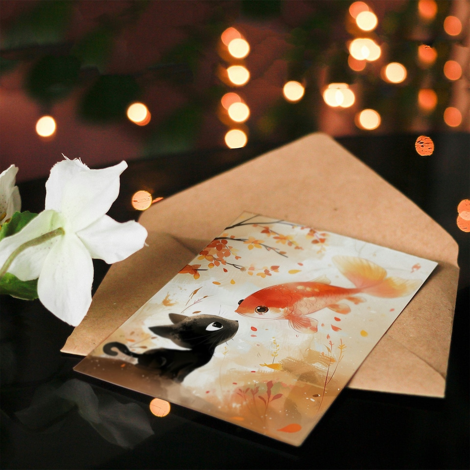 image 1 of Goldfish and Kitten Autumn Girl Boy Daughter Son Birthday Card