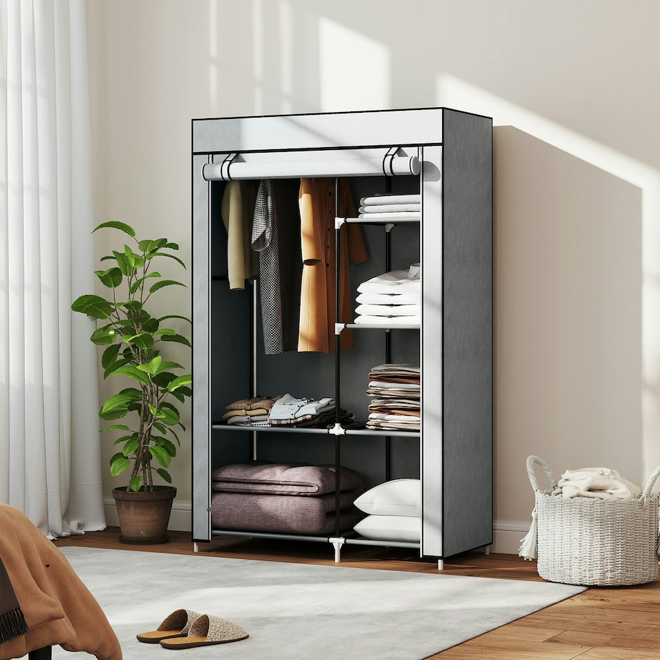 image 1 of HOMCOM Fabric Wardrobe w/ Shelves Hanging Rail Foldable Closets Light Grey