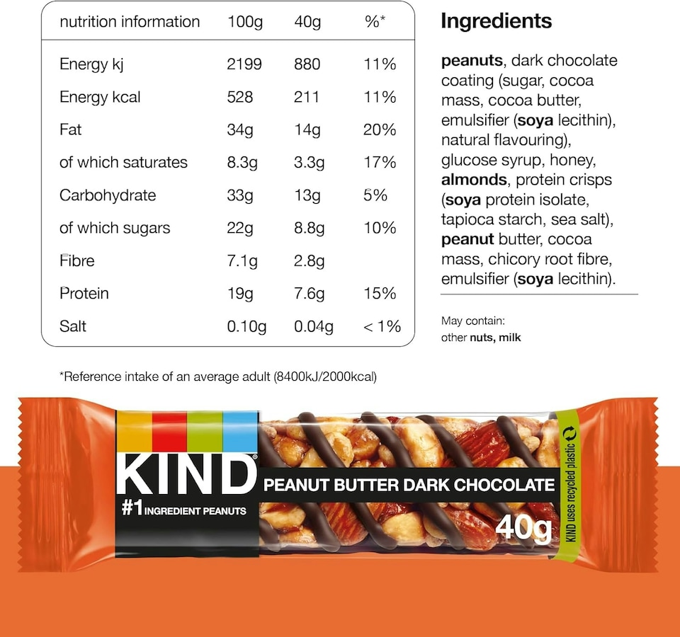 image 1 of KIND Bars, Gluten Free Snack Bars, Peanut Butter Dark Chocolate, Healthy Snack, No Artificial Colours, Flavours or Preservatives, Multipack 24 x 40g | Red