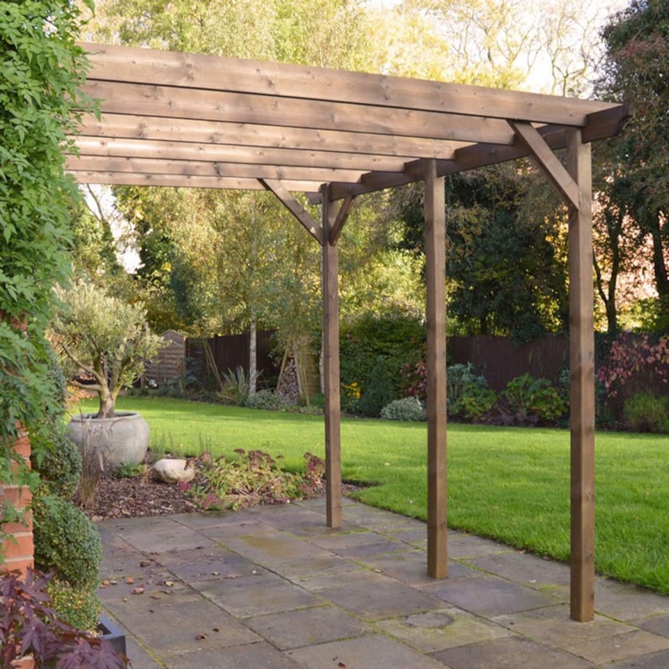 image 1 of Wall Mounted Garden Pergola 3 Posts - Wood - L360 x W660 x H270 cm - Rustic Brown