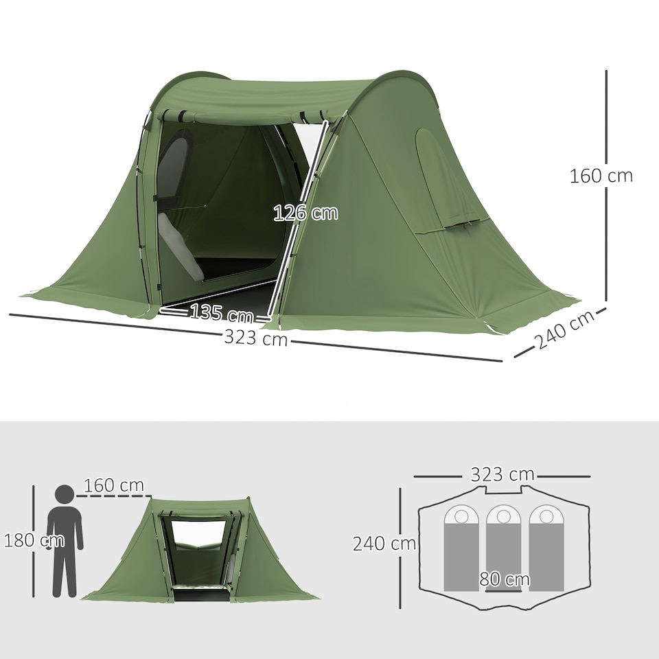 image 1 of Outsunny 3 Man Camping Tent with 2 Bedrooms, 3000mm Waterproof, Grey | Green | Green | 323L x 240W x 160H cm