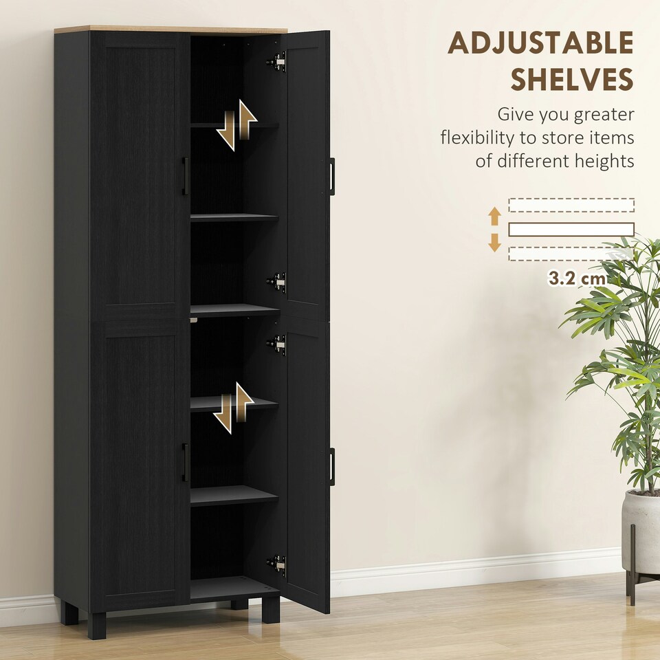 image 1 of HOMCOM Modern Kitchen Cupboard Storage Cabinet with 4 Shelves, Black Black | Natural wood top