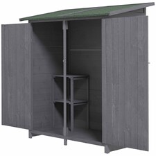 Outsunny Small Shed, Wooden Garden Shed with Flexible Table, Hooks and Ground Nails, Lockable Tool Shed with Asphalt Roof, 140 x 75 x 157cm, Grey