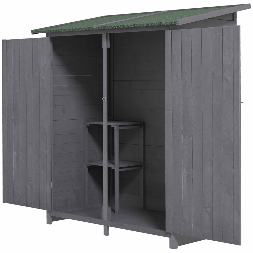 image 1 of Outsunny Small Shed, Wooden Garden Shed with Flexible Table, Hooks and Ground Nails, Lockable Tool Shed with Asphalt Roof, 140 x 75 x 157cm, Grey