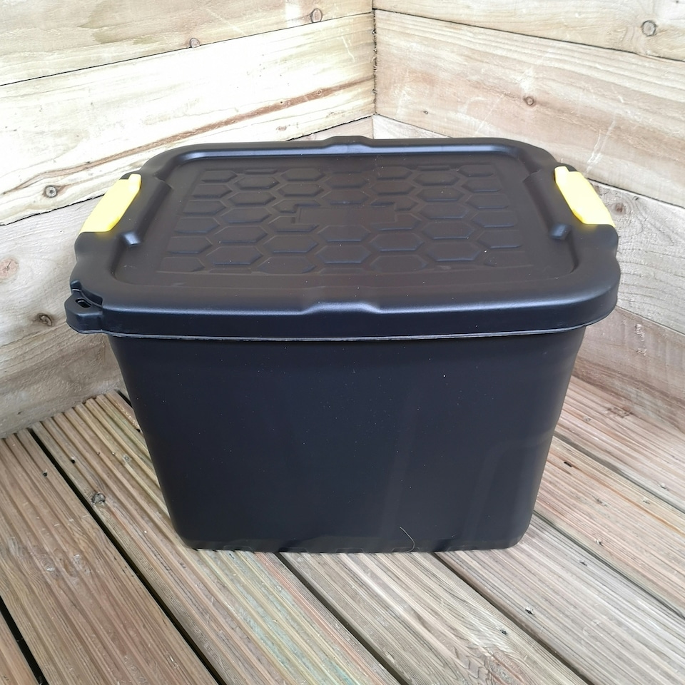 image 1 of 42L Heavy Duty Storage Tub Sturdy, Lockable, Stackable and Nestable Design Storage Chest with Clips in Black