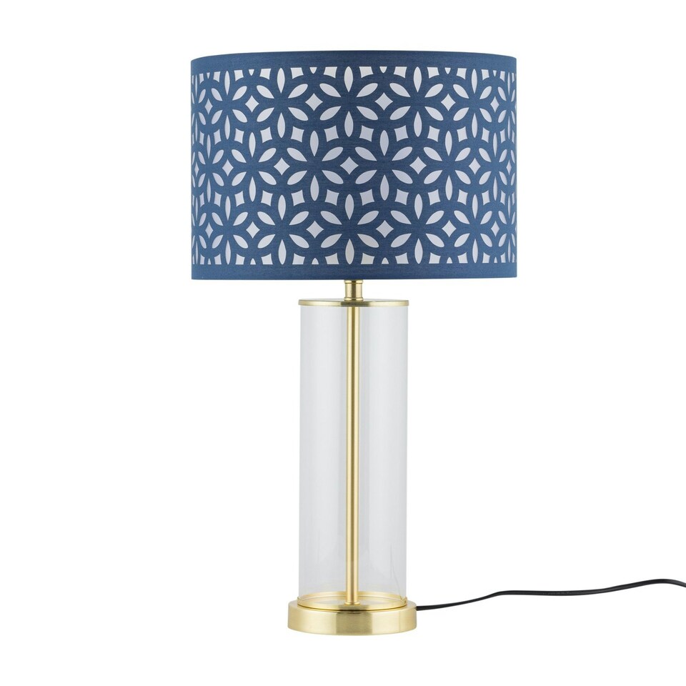 image 1 of Set of 2 Aura - Satin Brass Lamps with Navy Blue Cut Out Shades Bronze | Blue