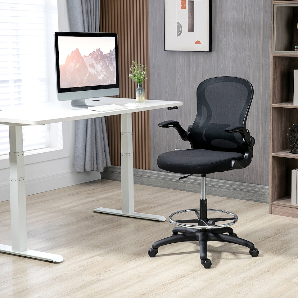 image 1 of Vinsetto Drafting Chair, Ergonomic Tall Office Chair with Flip-up Armrests, Mesh Back, Lumbar Support, Adjustable Height and Foot Ring, Swivel Wheels, for Standing Desk, Black