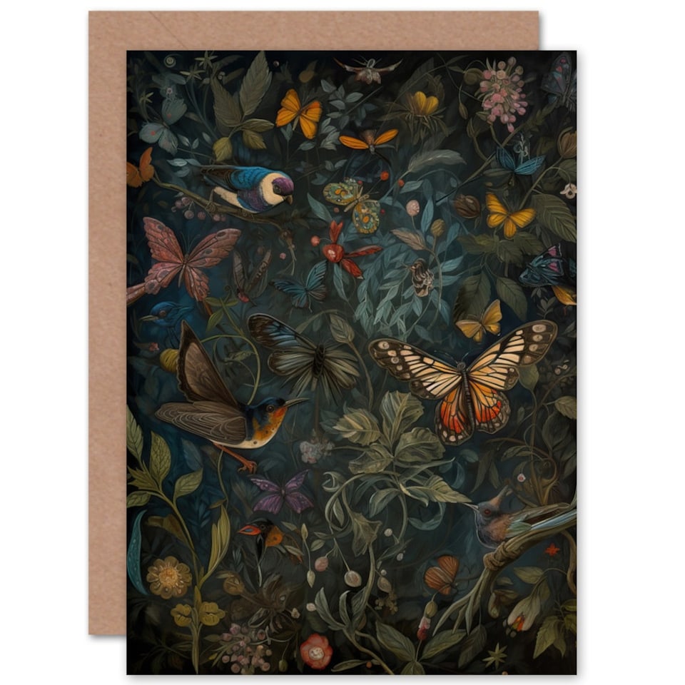 image 1 of Plants Birds Butterfies William Morris Style Nature Greeting Card