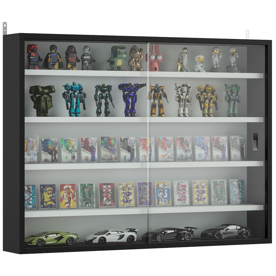 image 1 of HOMCOM 5-Tier Wall Display Shelf Cabinet with Glass Doors, Black and White | Multi | Black with white shelves | Overall size: 80W x 9.5D x 60H cm