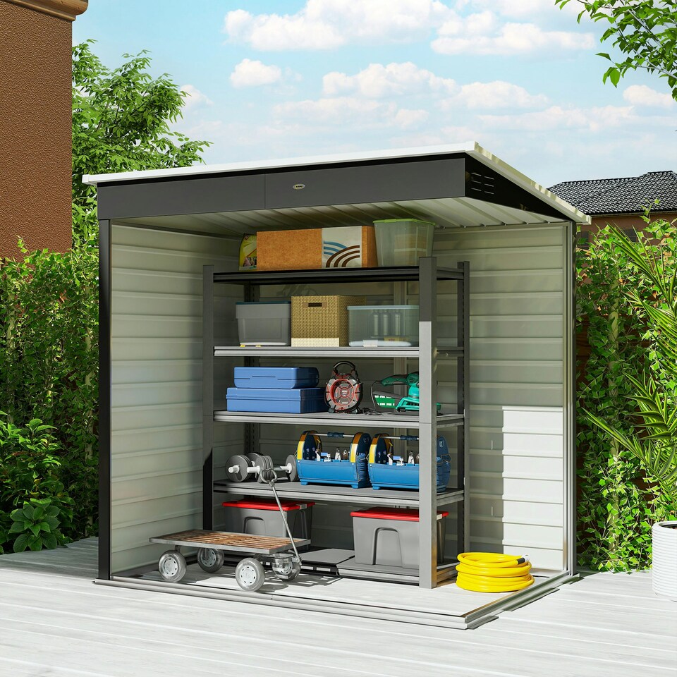 image 1 of Outsunny 6 x 4ft Metal Garden Shed with Lockable Door and Gloves, Dark Grey 