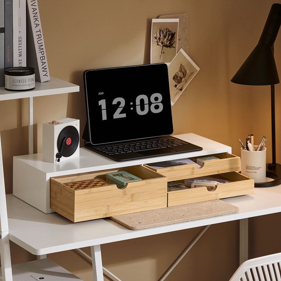 image 1 of SoBuy Monitor Stand with 3 Bamboo Drawers, White, 23.6x8.7x4.3 inches, 4.65 kg - BBF11-WN