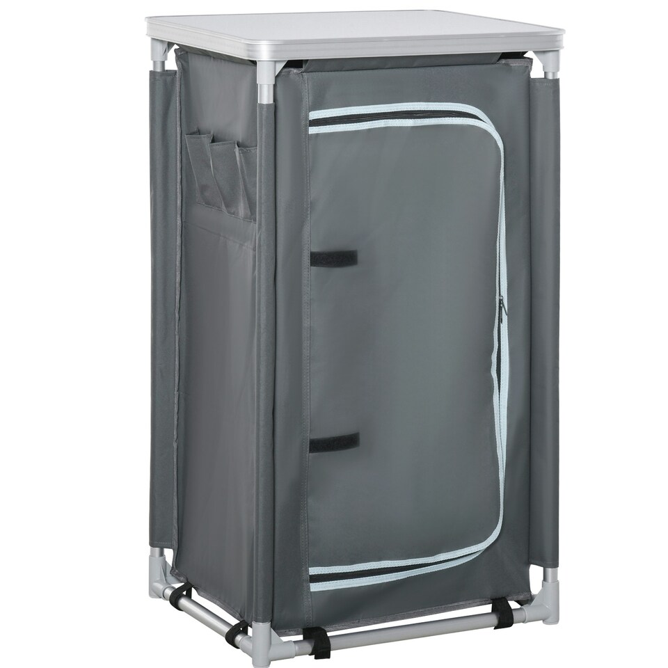 image 1 of Outsunny Outdoor 3-shelf Camping Cupboard Kitchen Station Cook Table Grey