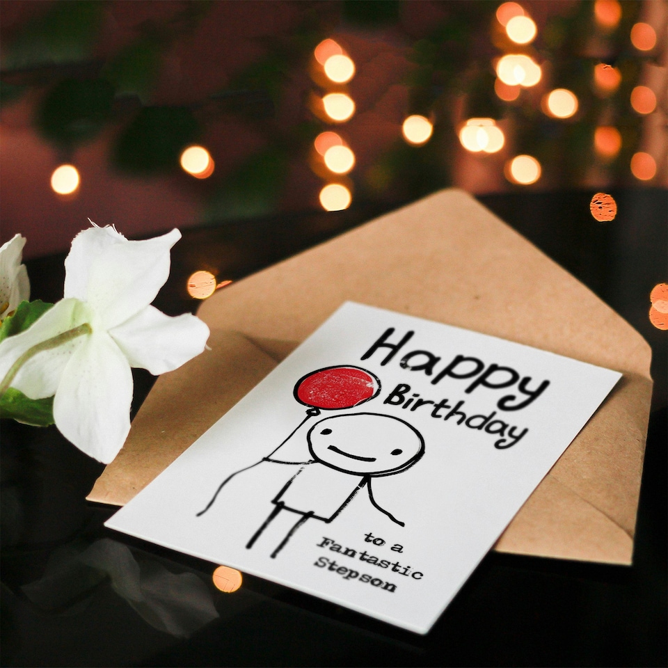 image 1 of Fantastic Step Son Stick Man Red Balloon Birthday Card