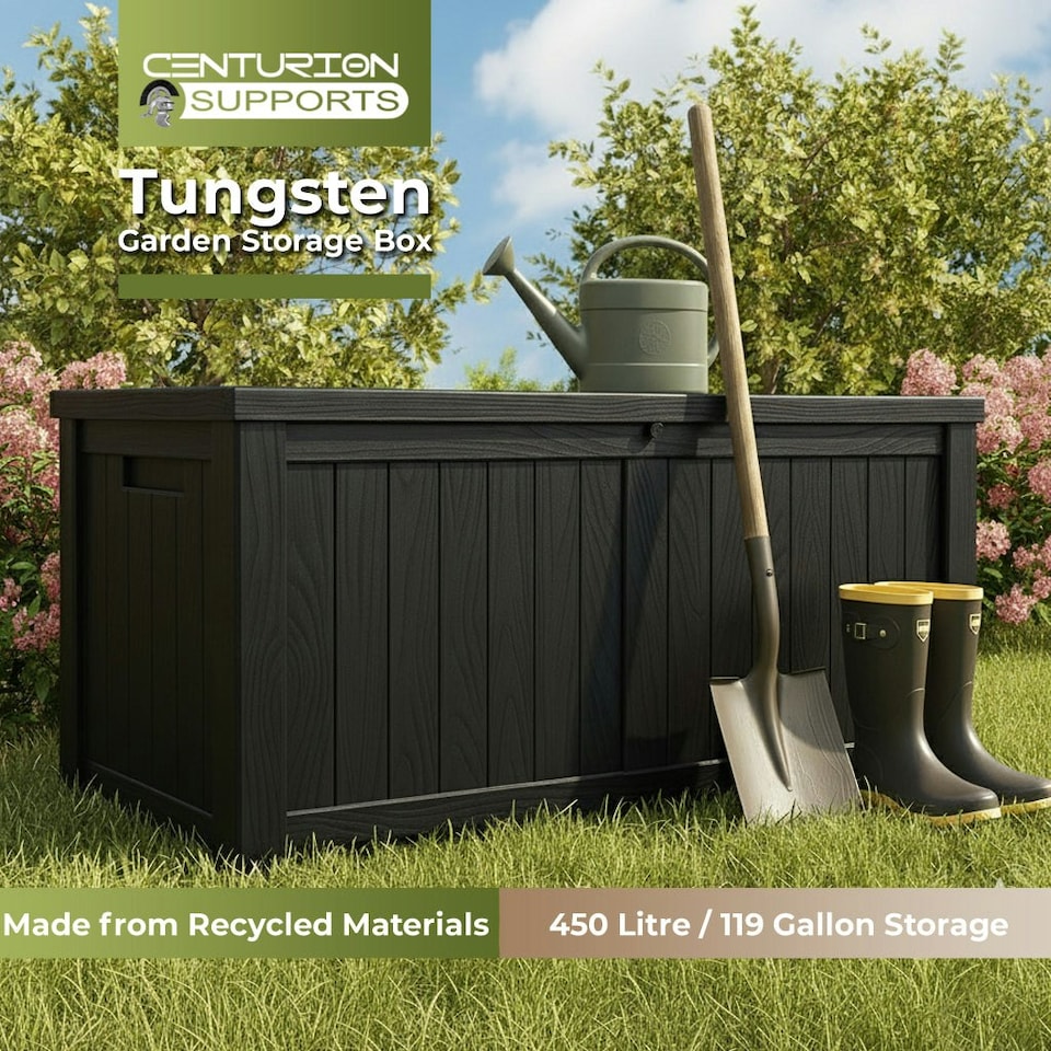 image 1 of Centurion Supports TUNGSTEN 450 Litre 119 Gallon Waterproof Extra Large Lockable Easy-Open Garden Storage Box Outdoor Organiser in Black Black