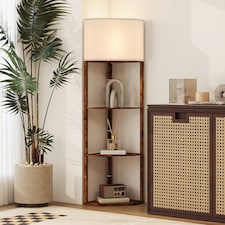 HOMCOM Corner Floor Lamp with Shelves, Modern Tall Standing Lamp with Chain Switch for Living Room, Bedroom, Bulb Not Included, Rustic Brown