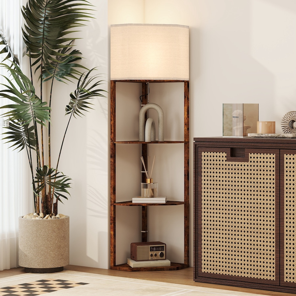 image 1 of HOMCOM Corner Floor Lamp with Shelves, Modern Tall Standing Lamp with Chain Switch for Living Room, Bedroom, Bulb Not Included, Rustic Brown