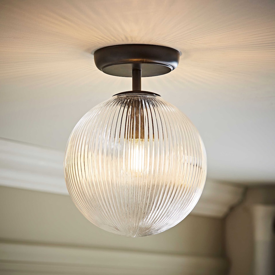 image 1 of ValueLights Kempton Black Flush Ceiling Light Ribbed Globe Shade and Bulb