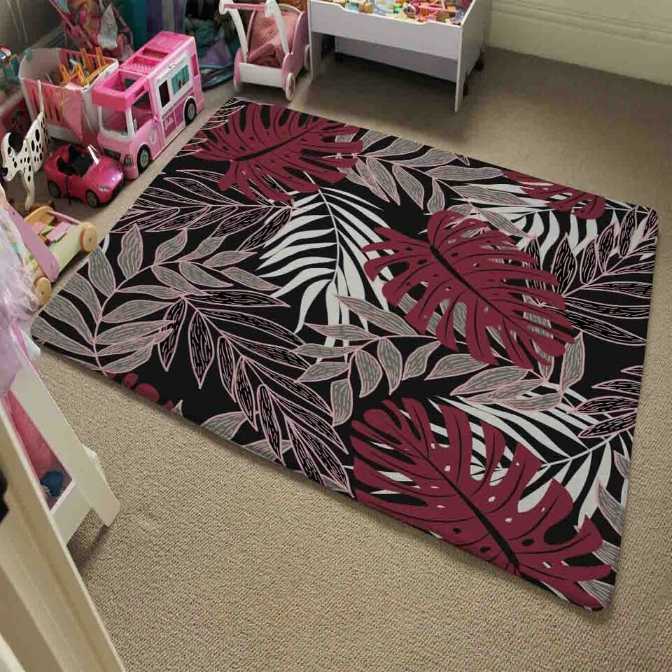 image 1 of Tropical Leaves in Red, White & Grey (Rug) Multi | XL: 160x230cm