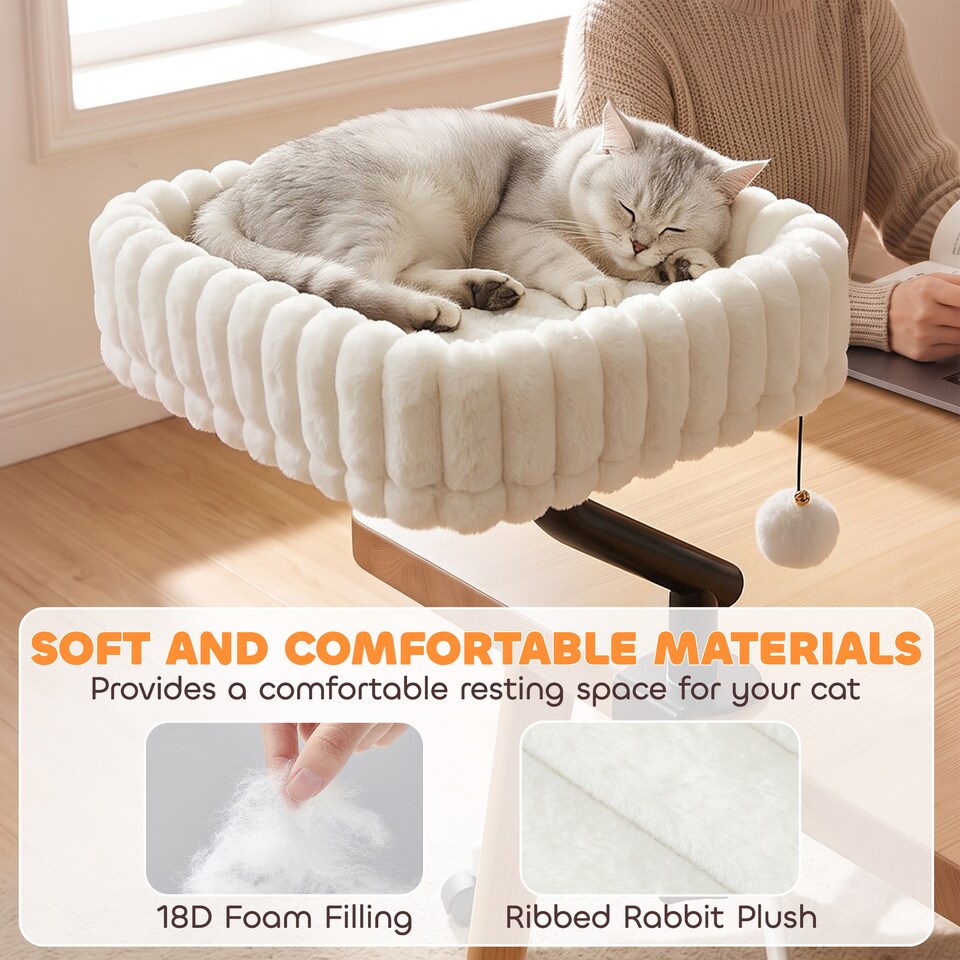 image 1 of PawHut Cat Desk Bed, 360° Rotatable Raised Cat House w/ Hanging Ball, White