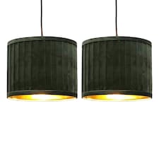 Set of 2 Sundance - Dark Green Velvet Pleated 25cm Lamp Shades with Gold Inner | Green | Gold | Medium | 2
