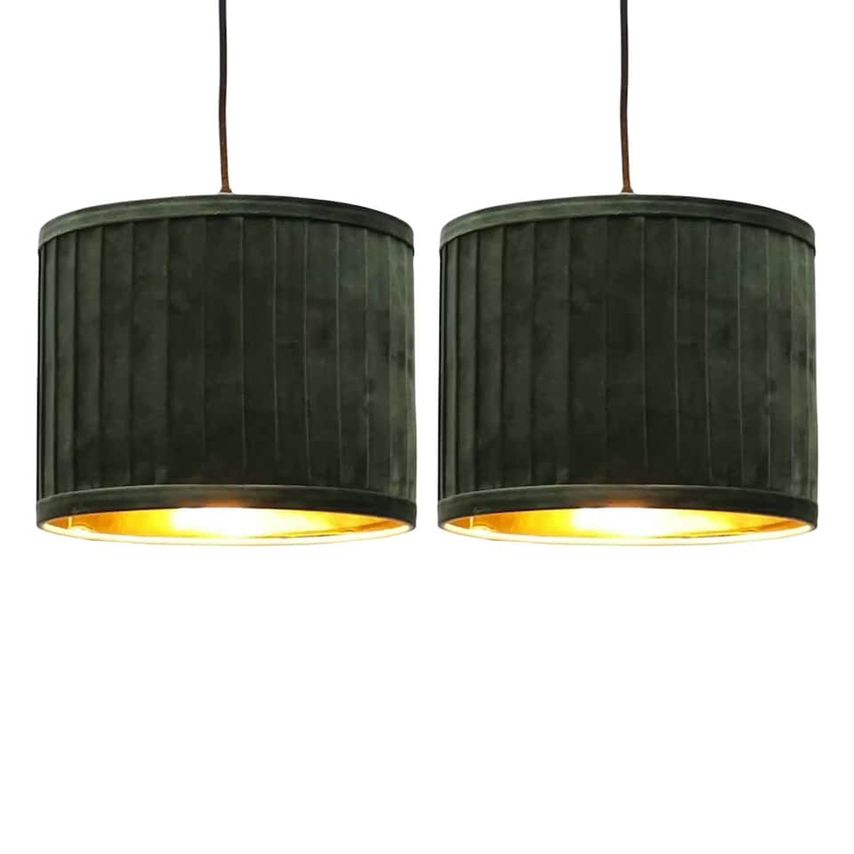 image 1 of Set of 2 Sundance - Dark Green Velvet Pleated 25cm Lamp Shades with Gold Inner | Green | Gold | Medium | 2